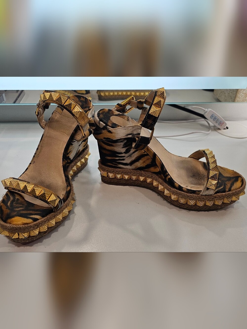 Christian Loboutin Pyraclou studded leopard Print Wedge Sandals